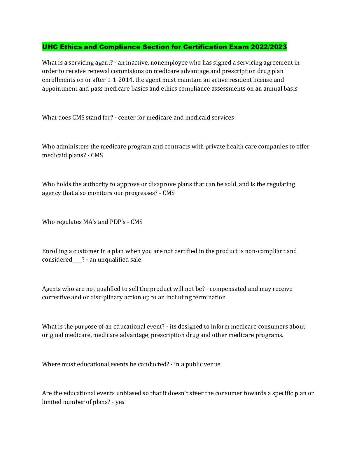 Preview image for UHC Ethics and Compliance Section for Certification Exam 2022/2023